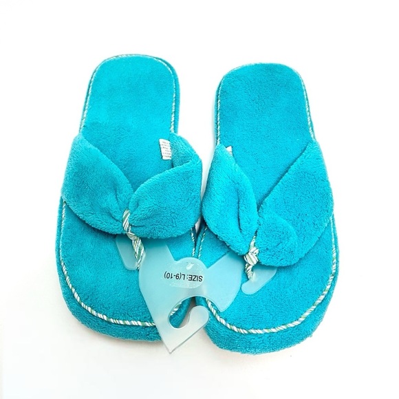 Vintage 1990s deadstock turquoise terrycloth thong style platform slippers - Picture 3 of 8